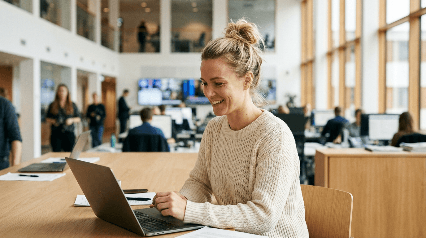 Journalist koncentrerat arbete vid skrivbord med laptop
